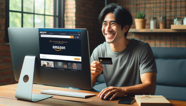 Person browsing Amazon.com with a credit card in hand