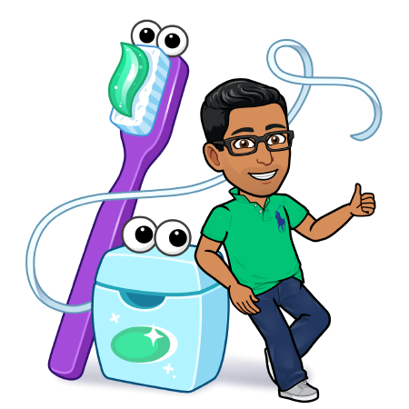 Bitmoji standing next to toothbrush and floss