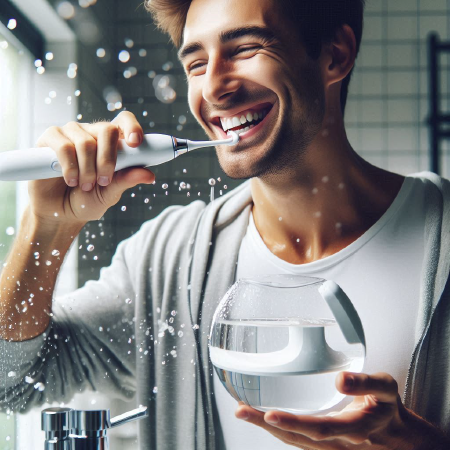 Person using a water flosser to clean his teeth