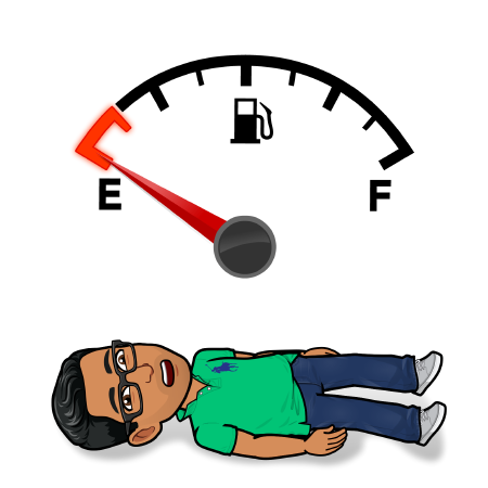 Bitmoji lying on floor with empty gas tank meter