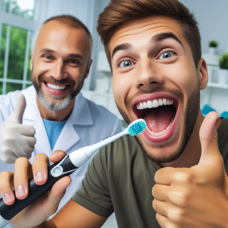 A person using an electric toothbrush with a dentist giving a thumbs up