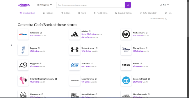 Screenshot of Rakuten showing multiple stores with cashback
