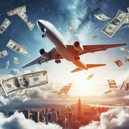 Airplane flying with dollar bills floating around it