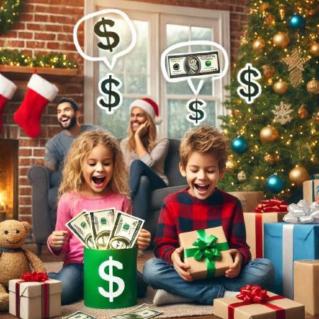 Kids excitedly opening Christmas gifts