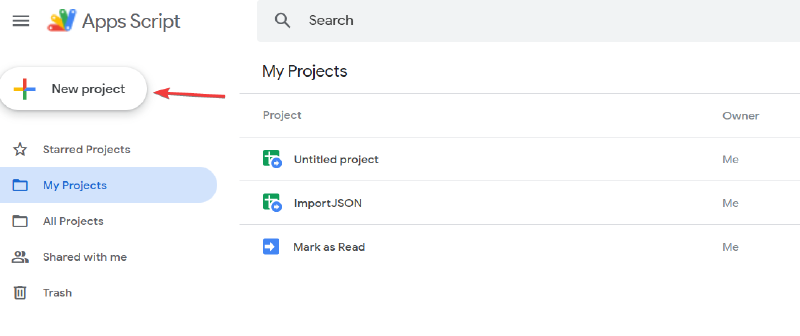 Google App Scripts homepage with arrow pointing to New Project