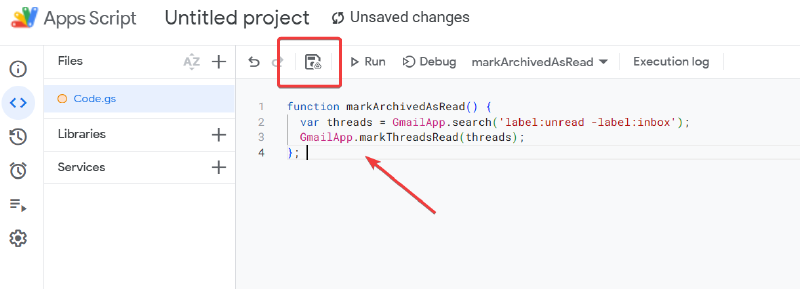 Google App Scripts editor with arrow at code editor and box around save button