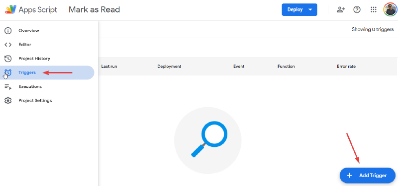 Google App Scripts with arrow pointing to Triggers page and Add Trigger button